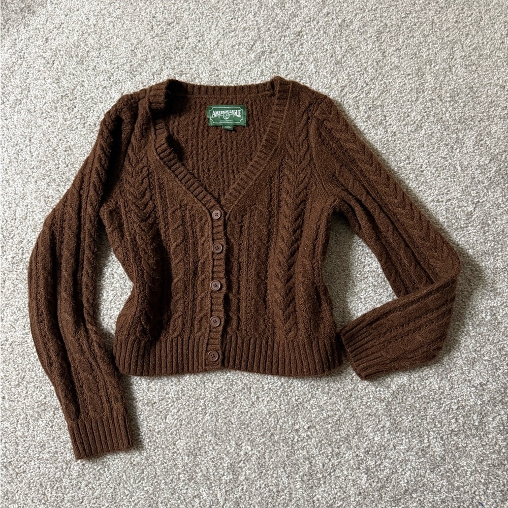 Vintage 90s American Eagle Brown Chunky Cable Knit Cardigan Sweater Size M